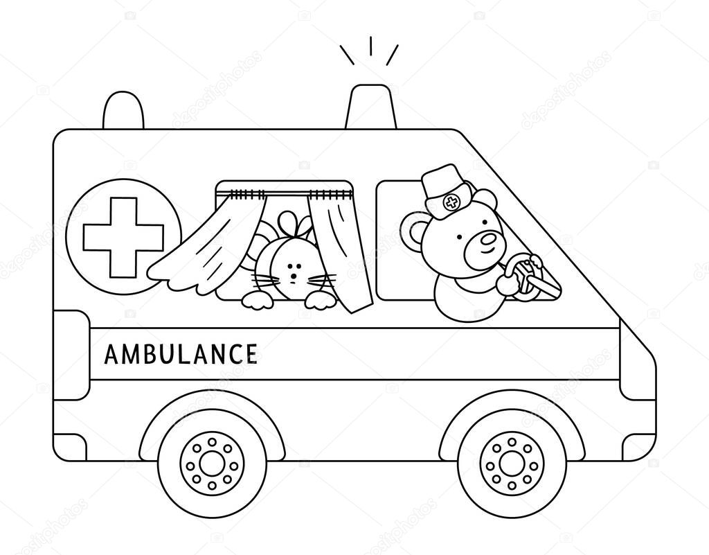 Vector outline ambulance with cute animals inside. Bear doctor driving emergency car with ill mouse. Funny special medical transport coloring page for kids