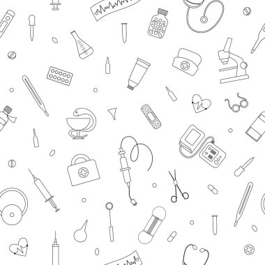 Düz medikal çizgi ikonlarıyla vektörsüz desen. Tıp ya da sağlık sigortası, araştırma geçmişi. Sağlık hizmetleri ve laboratuvar ekipmanları dijital kağıt. Sağlık kontrolü veya tedavi metni