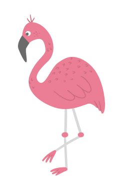 Beyaz arka planda izole edilmiş sevimli, komik pembe flamingo. Komik tropikal egzotik kuş çizimi. Çocuklar için parlak düz resim. Orman yaz klibi ar
