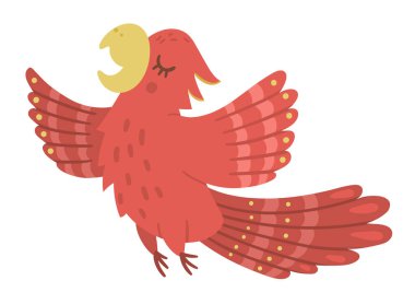 Beyaz arka planda izole edilmiş sevimli uçan papağan. Komik tropikal egzotik kuş çizimi. Çocuklar için parlak düz resim. Orman yaz klibi ar