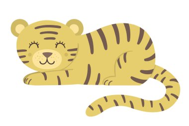 Beyaz arka planda izole edilmiş şirin bir kaplan. Komik tropikal Afrika hayvan çizimi. Çocuklar için parlak düz resim. Orman yaz klibi ar