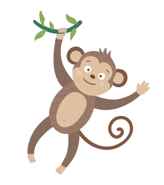 Vector Macaco Bonito Pendurado Liana Isolado Fundo Branco Ilustração Animal —  Vetores de Stock