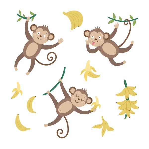 Conjunto Vetores Com Macacos Bonitos Com Bananas Isoladas Fundo Branco —  Vetores de Stock