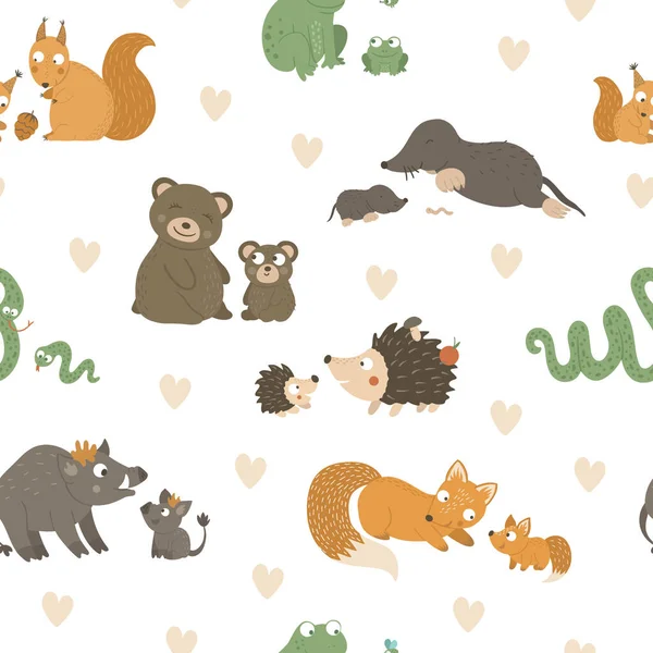 Vector Seamless Pattern Baby Animals Parents Funny Woodland Animal Background — Stock Vector