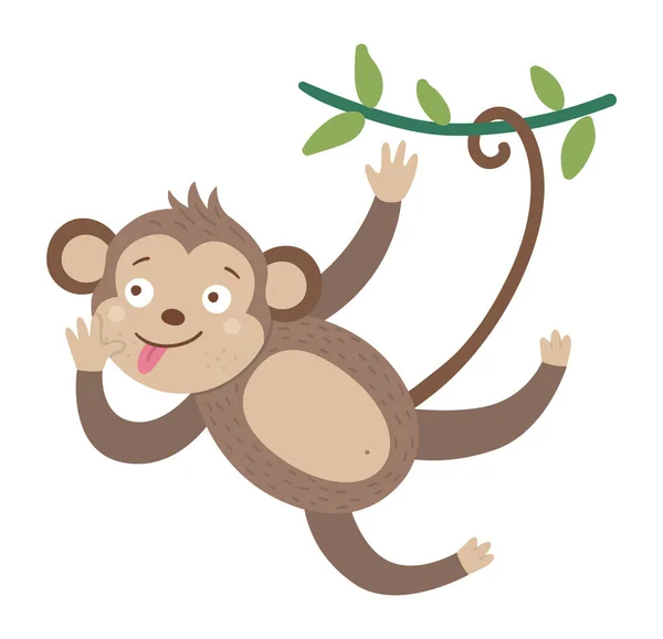 Vetor Macaco Bonito Pendurado Liana Com Língua Presa Isolada Fundo —  Vetores de Stock