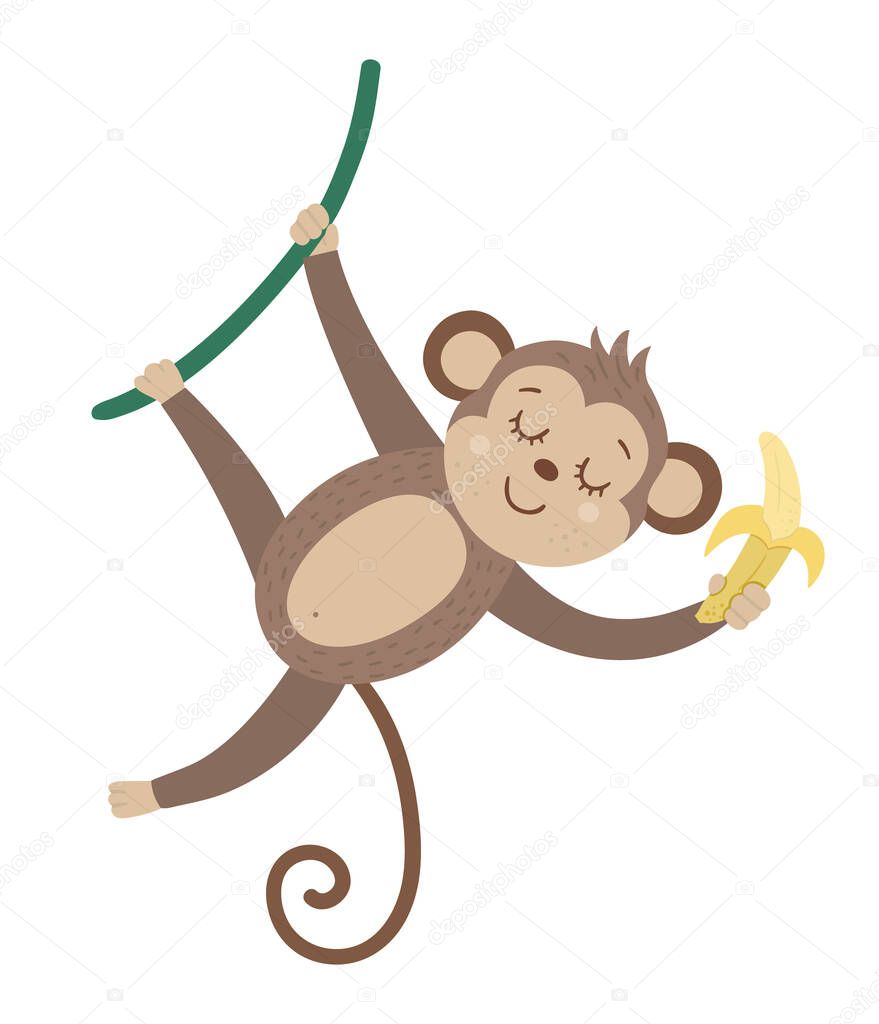 Vector cute monkey hanging on liana with banana isolated on white background. Funny tropical animal and fruit illustration. Bright flat picture for children. Jungle summer clip ar