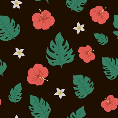 Canavar yaprakları ve çiçeklerle tropikal desenli vektör. Orman yaprakları arka planda tekrarlanıyor. El çizimi düz, egzotik bitkiler. Parlak çocuksu yaz yeşillik dokusu