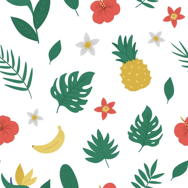 Vector Tropical Seamless Pattern Fruit Flowers Leaves Jungle Foliage Florals — Stock Vector