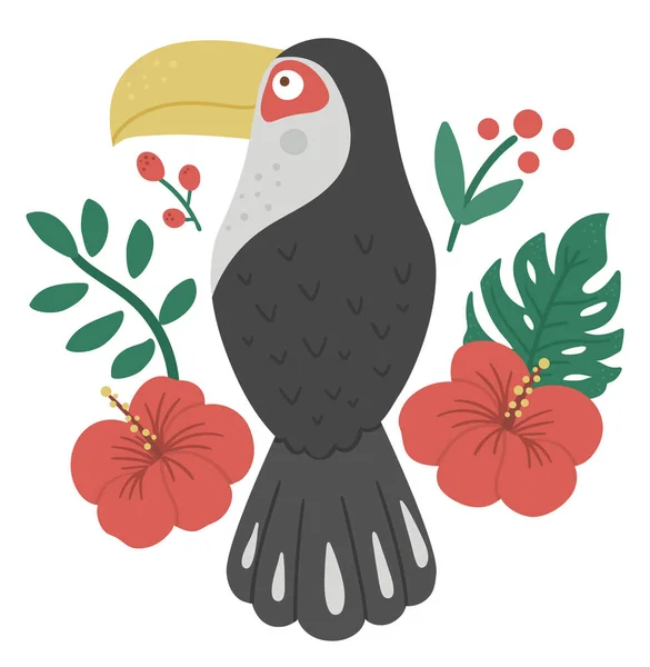 Vector Composição Bonito Com Tucano Folhas Tropicais Flores Ilustração Pássaro — Vetor de Stock