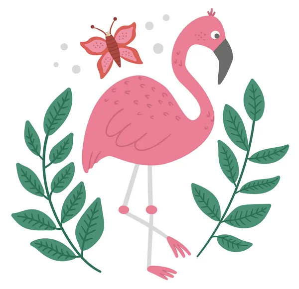 Vetor Composição Bonito Com Flamingo Rosa Folhas Tropicais Borboleta Ilustração — Vetor de Stock