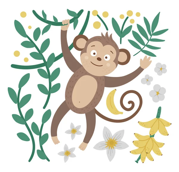 Vector Composição Bonito Com Macaco Pendurado Liana Bananas Folhas Tropicais —  Vetores de Stock