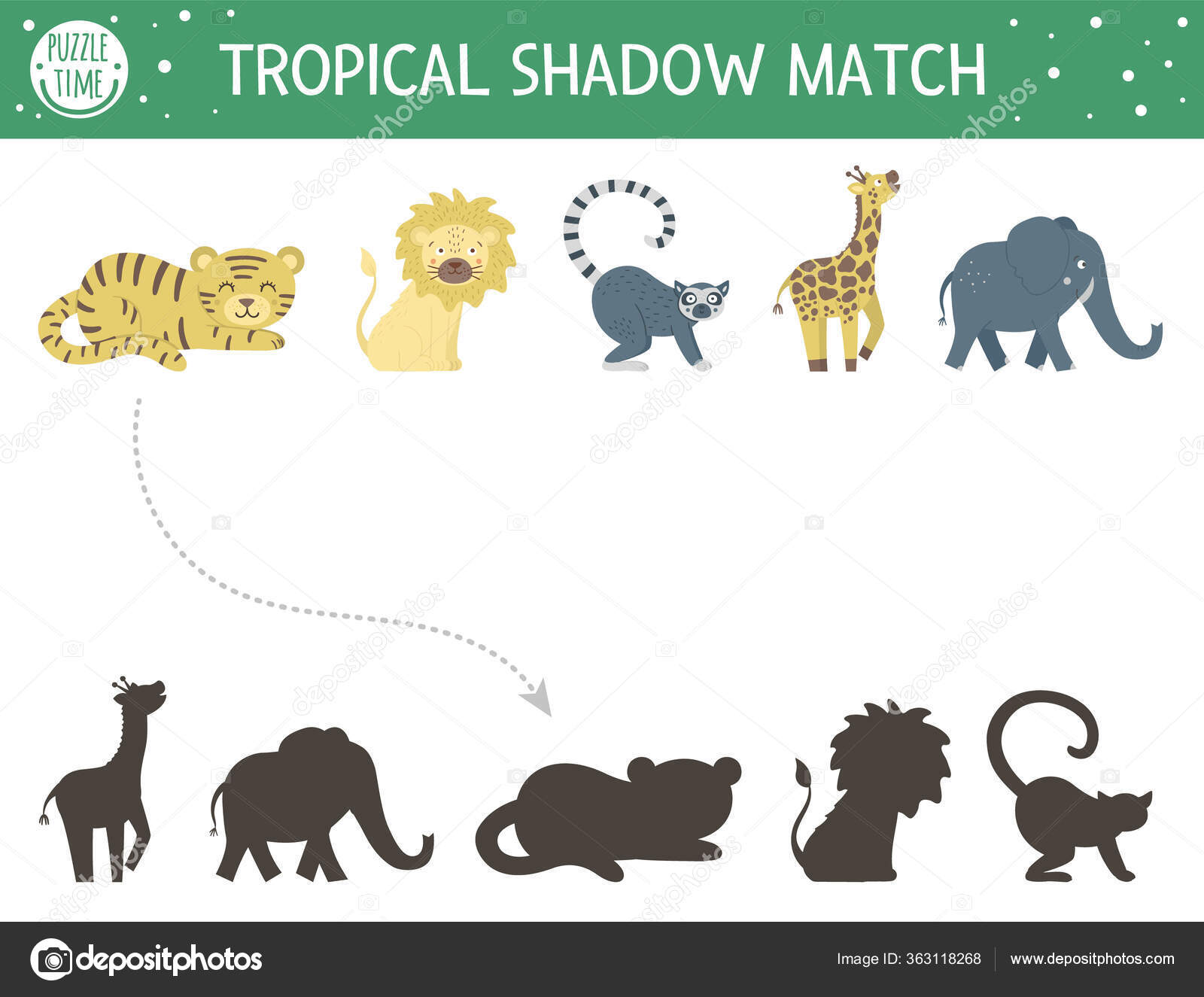 Encontrando a sombra correta do jogo de página de educação de animais fofos  para jardim de infância e pré-escola