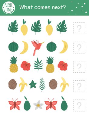 Sırada ne var? Okul öncesi çocuklar için tropik sembollerle tropik eşleştirme aktivitesi. Çocuklar için komik egzotik bulmaca. Mantıklı bir test çalışması. Sıraya devam edin. Çocuk için basit bir yaz oyunu