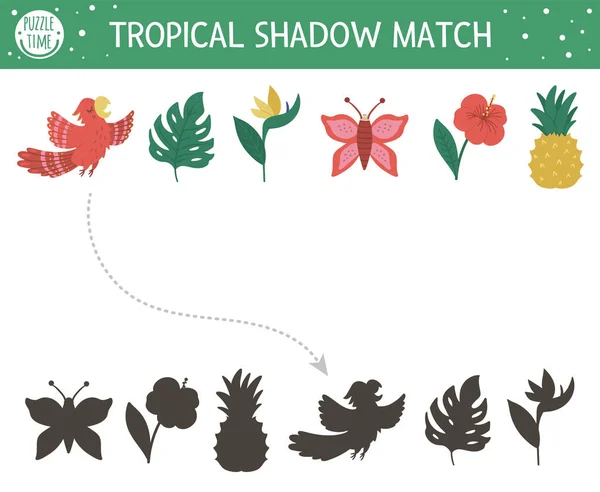 儿童热带阴影匹配活动 幼稚园丛林之谜有趣的异国情调教育谜语 找到正确的热带符号轮廓可打印工作表 简单的夏季儿童游戏 — 图库矢量图片