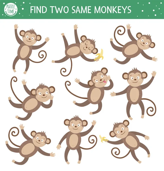 找到两只猴子 为有可爱动物的学龄前儿童开展热带配比活动 对孩子们来说 有趣的丛林之谜逻辑测验工作表 简单的夏季儿童游戏 — 图库矢量图片