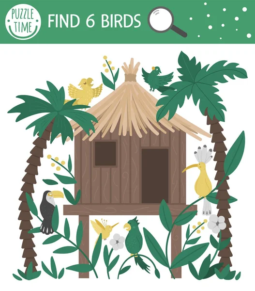 热带搜索游戏的孩子与丛林打斗 蹄形动物 有趣的笑脸 在热带地区的房子里发现隐藏的鸟儿 简单的夏季游戏 — 图库矢量图片