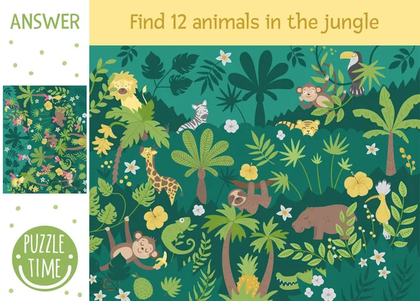 热带搜索游戏的孩子与可爱有趣的字符 在丛林里发现隐藏的动物和鸟类 简单的夏季游戏 — 图库矢量图片