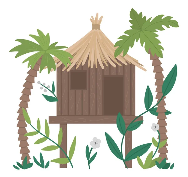 Vector illustration of jungle hoot with palm trees and leaves isolated on white background. Tropical bungalow on stilts picture. Cute funny exotic house in rainforest — Stock Illustration Vector Illustration Jungle Hoot Palm Trees Leaves Isolated White Background Stock Vector