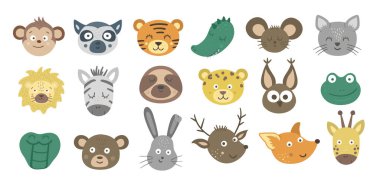 Vector animal faces collection. Set of tropical and forest characters emoji stickers. Heads with funny expressions isolated on white background. Cute avatars pac clipart