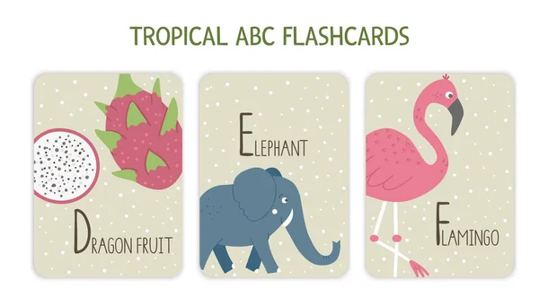 Colorful alphabet letters D, E, F. Phonics flashcard with tropical animals, birds, fruit, plants. Cute educational jungle ABC cards for teaching reading with funny dragon fruit, elephant, flamingo