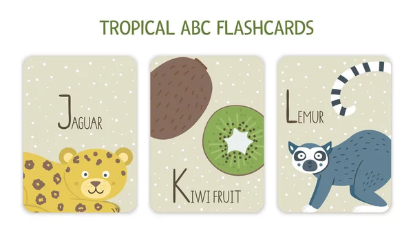 Colorful alphabet letters J, K, L. Phonics flashcard with tropical animals, birds, fruit, plants. Cute educational jungle ABC cards for teaching reading with funny jaguar, kiwi fruit, lemur