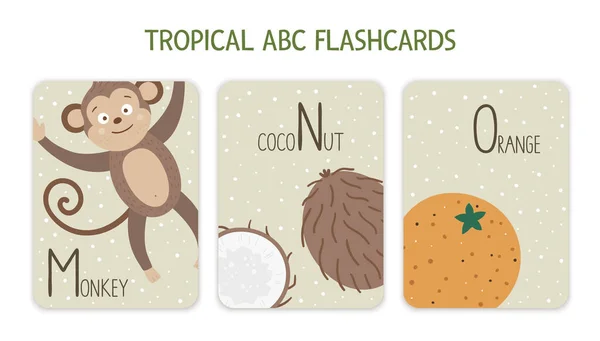 Colorful alphabet letters M, N, O. Phonics flashcard with tropical animals, birds, fruit, plants. Cute educational jungle ABC cards for teaching reading with funny monkey, coconut, orange