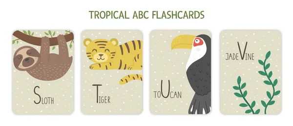 Colorful alphabet letters S, T, U, V. Phonics flashcard with tropical animals, birds, fruit, plants. Cute educational jungle ABC cards for teaching reading with funny sloth, tiger, toucan, jade vine