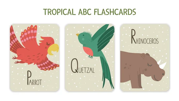 Colorful alphabet letters P, Q, R. Phonics flashcard with tropical animals, birds, fruit, plants. Cute educational jungle ABC cards for teaching reading with funny parrot, quetzal, Rhinoceros