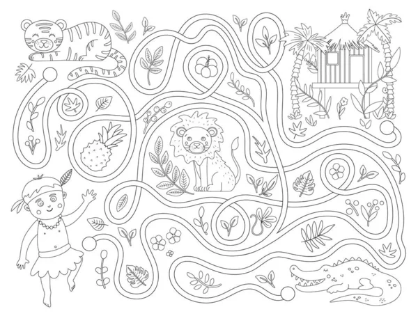 热带黑色和白色迷宫为儿童 学前异国情调活动 有趣的丛林谜与可爱的非洲动物 帮助那个男孩达到他的目的 儿童有趣的彩色页面 — 图库矢量图片