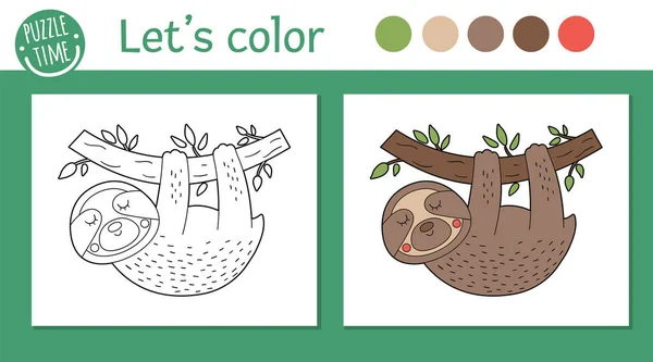 Tropische Kleurplaten Voor Kinderen Printen Online Vector Luiaard Illustratie Leuk — Stockvector