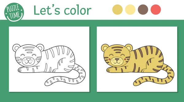 Tropische Malseite Für Kinder Vektor Tiger Illustration Niedlichen Lustigen Tiercharakter — Stockvektor