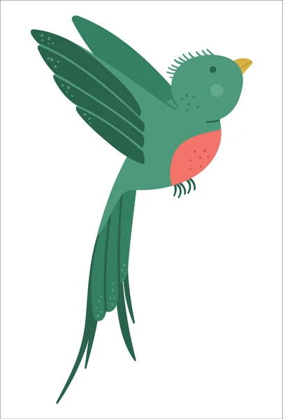 Vetor Engraçado Engraçado Voando Quetzal Isolado Fundo Branco Engraçado Tropical — Vetor de Stock