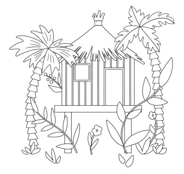 Vector black and white illustration of jungle hoot with palm trees and leaves. Tropical bungalow on stilts sketch. Cute funny exotic house in rainforest. Fun coloring page for kid — Stock Illustration Vector Black White Illustration Jungle Hoot Palm Trees Leaves Tropical Vector Graphics