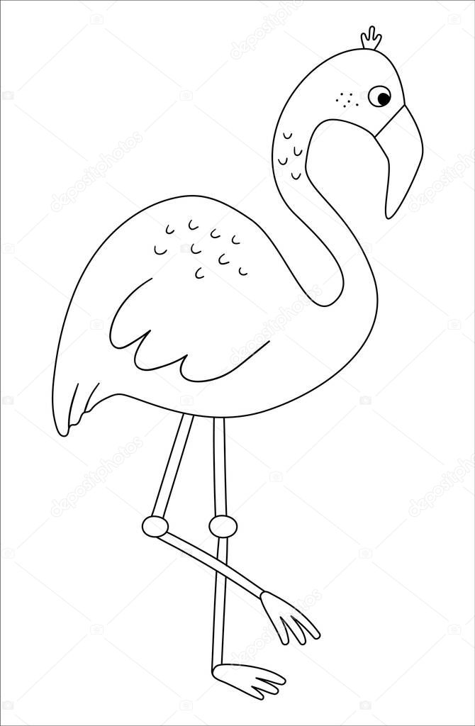 Vector cute flamingo outline. Funny tropical exotic bird black and white illustration. Fun coloring page for children. Jungle summer clip ar