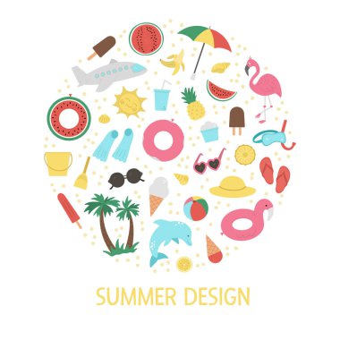Beyaz arkaplanda yaz mevsimi elementleri izole edilmiş vektör yuvarlak çerçeve. Şirin palmiye ağaçları, uçak, güneş gözlükleri, komik şişirilebilir halkaları olan komik afiş tasarımı. Yaz tatili plaj kartı şablonu