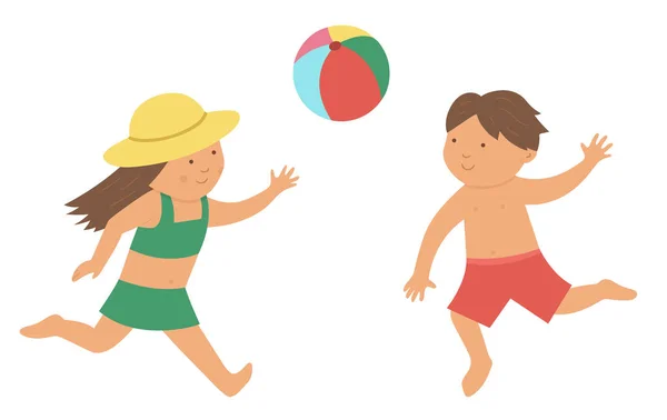 Vectorkinderen Spelen Bal Zwemkleding Kinderen Die Strandactiviteiten Doen Leuke Jongen — Stockvector