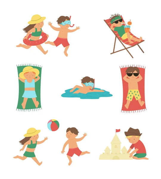 Vectorset Met Kinderen Die Zomeractiviteiten Doen Kinderen Die Het Strand — Stockvector