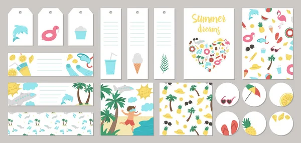 一套病媒夏季礼物标签 预制设计 书签与棕榈树 太阳镜 充气戒指 有趣的度假或度假卡片模板与可爱的海滩物品 — 图库矢量图片