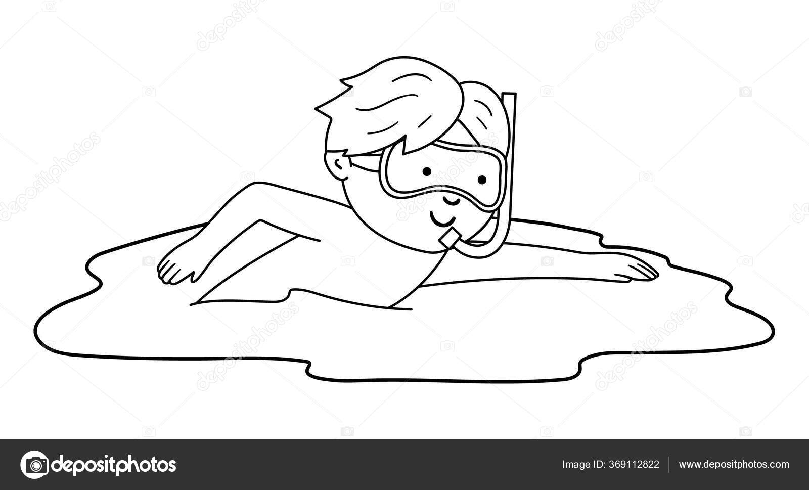 在海里游泳的是一个白人和黑人孩子孩子们做海滩活动纲要可爱的男孩在水里带着潜水面具和潜水青少年暑期彩绘乐章图库矢量图©LexiClaus  369112822, image size:1600x969