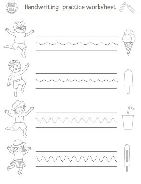 Vektör el yazısı alıştırması. Okul öncesi çocuklar için basılabilir siyah-beyaz aktivitesi. Yazma becerileri geliştirmek için eğitici bir oyun. Buz kremalı çocuklar için yaz boyama sayfası