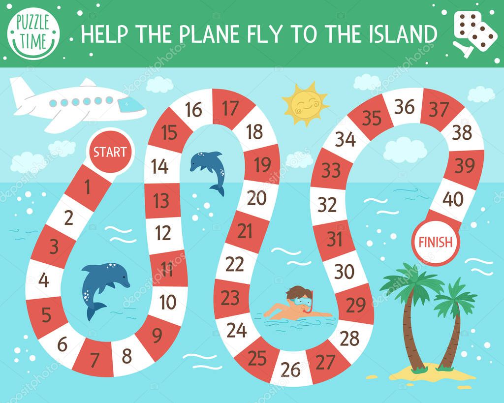 Summer adventure board game for children with airplane, palm trees, dolphins. Educational tropical isle boardgame. Help the plane fly to the island. Beach holidays activity for kid