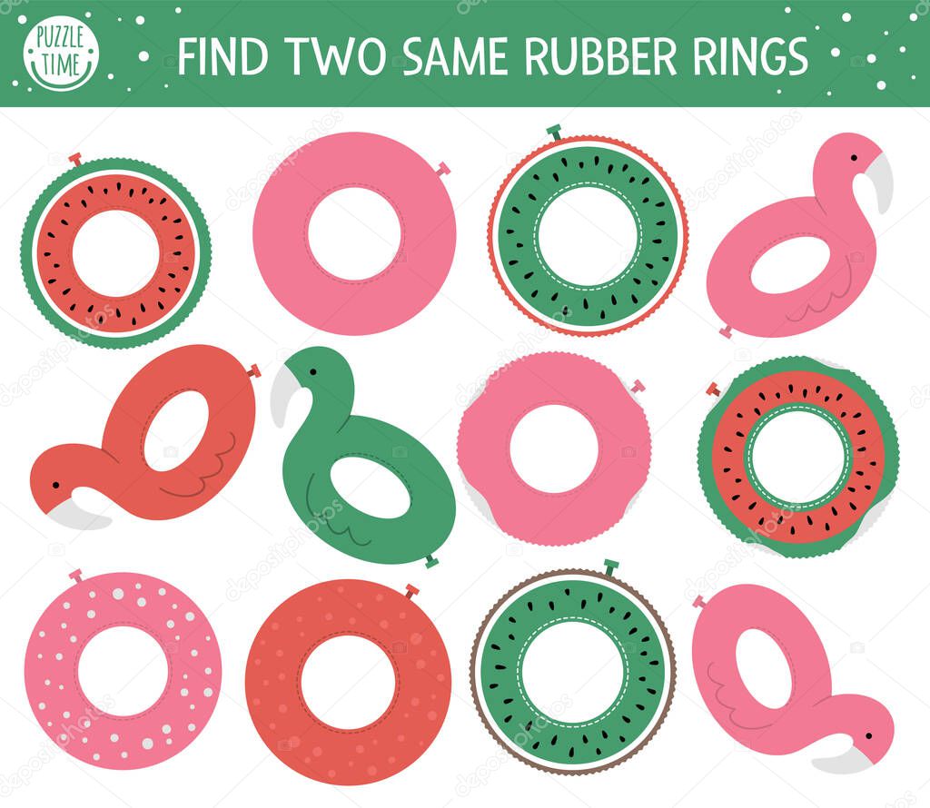 Find two same inflatable rings. Summer matching activity for preschool children with different rubber circles. Funny holiday activity for kids. Logical quiz worksheet. Simple printable game for kid