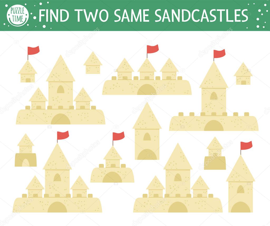 Find two same sandcastles. Summer matching activity for preschool children with castles made of sand. Funny holiday activity for kids. Logical quiz worksheet. Simple printable game for kid