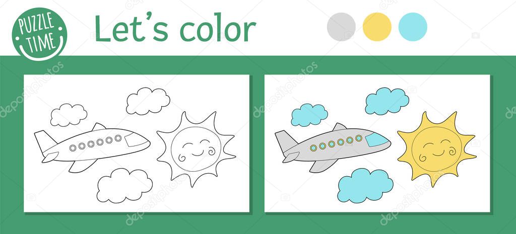 Summer coloring page for children. Cute funny plane flying among the clouds and sun. Vector beach holidays outline illustration. Sea vacation color book for kids with colored version and exampl