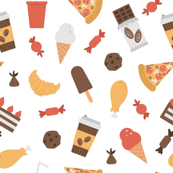 Seamless pattern with junk food and drink icons. Vector repeat background with ice-cream, pizza, sweet products, chocolate, candy, pastry. Flat hand drawn unhealthy nutrition texture.