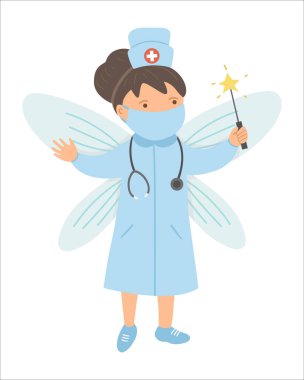 Tıbbi şapkalı, maskeli, steteskop, kanat ve sihirli değnekli bir kadın vektör. Şirin bir hastane ya da klinik karakteri. Doktor Peri Konsepti. Coronavirus illüstrasyonla savaşıyor