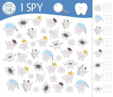 Diş bakımı çocuklar için casusluk oyunu. Ağız hijyeni Kawaii dişleri olan anaokulu çocukları için arama ve sayma etkinliği içeriyor. Çocuklar için komik bir oyun. Mantıksal sınav çalışma tablosu
