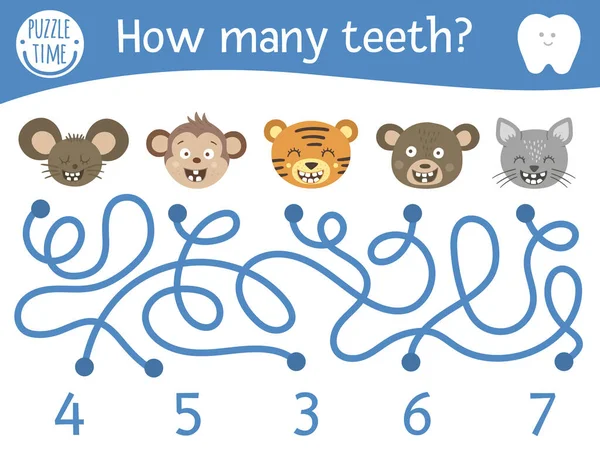 Λαβύρινθος Οδοντιατρικής Φροντίδας Για Παιδιά Προσχολική Δραστηριότητα Ζώα Δόντια Αστείο — Διανυσματικό Αρχείο