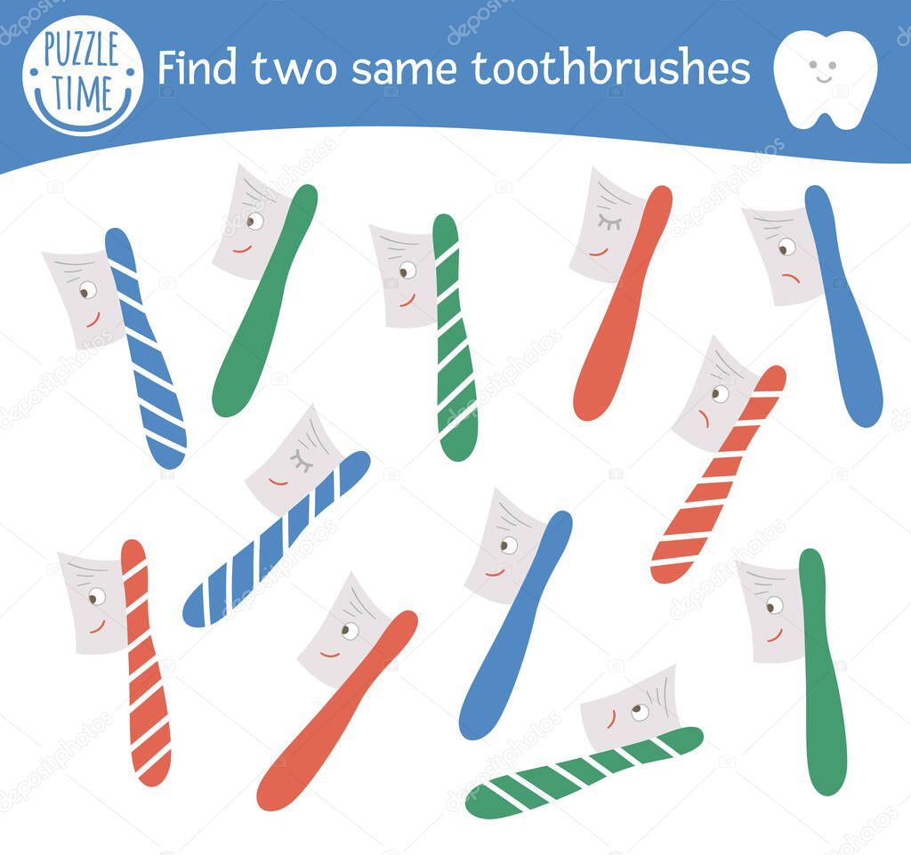 Find two same toothbrushes. Dental care themed matching activity for preschool children with cute elements. Funny mouth hygiene game for kids. Printable worksheet with funny kawaii tooth brush
