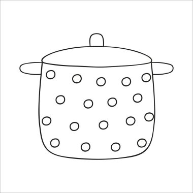 Siyah ve beyaz tencere. Mutfak aracı simgesi beyaz arkaplanda izole edildi. Çizgi film pişirme ekipmanları. Taşıyıcı vektör illüstrasyonu